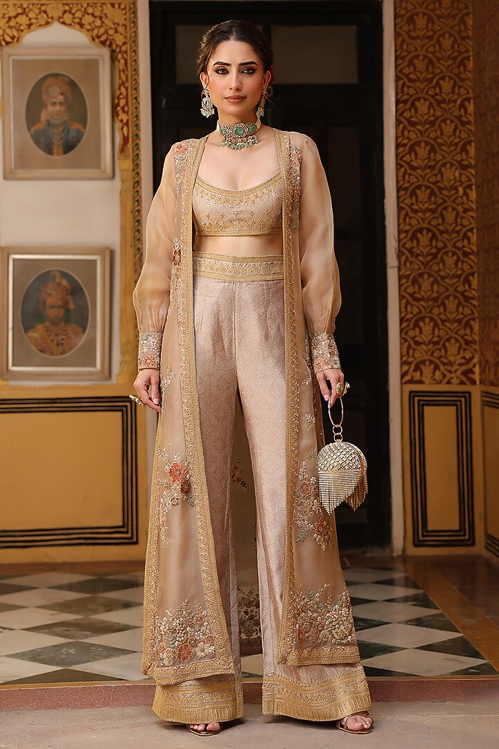 Ivory Silk Tencel Zardosi Embroidered Flared Pant Set by Niti Bothra at Pernia's Pop Up Shop