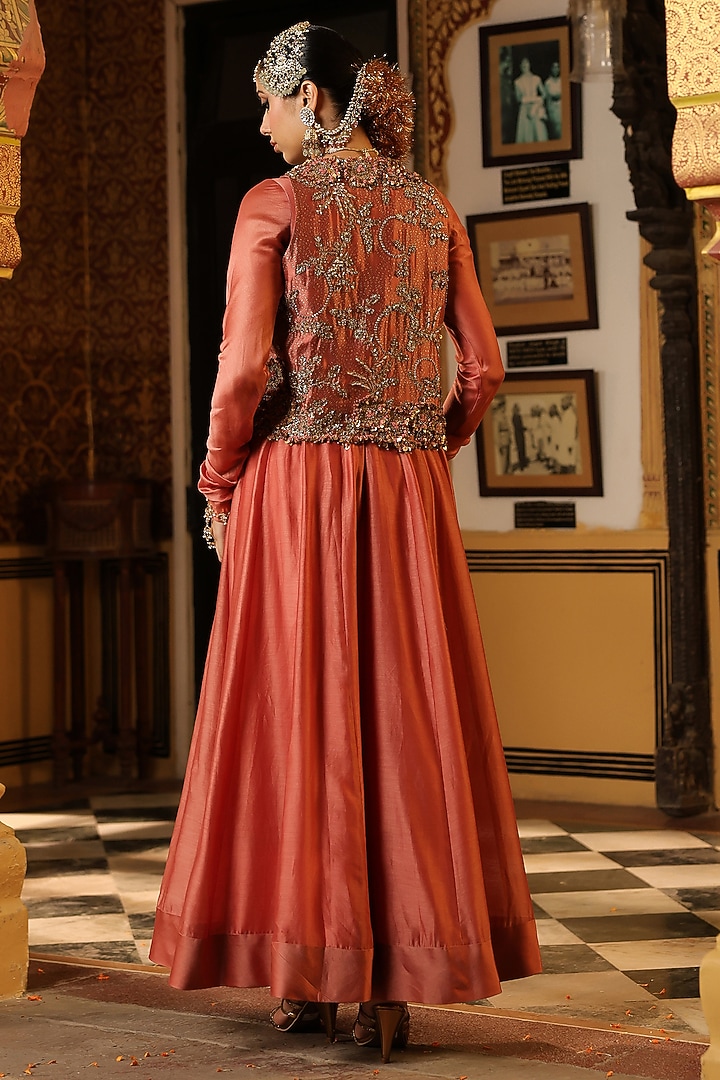 Rose Pink Silk Chanderi Flared Wedding Anarkali Set by Niti Bothra at Pernia's Pop Up Shop