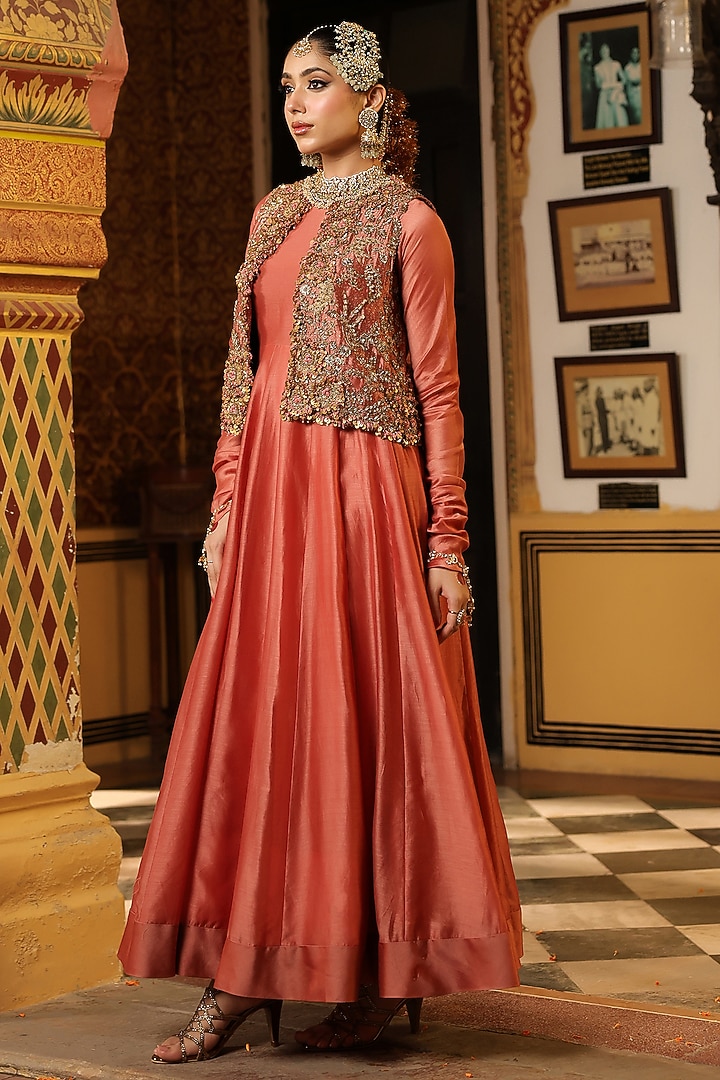 Rose Pink Silk Chanderi Flared Wedding Anarkali Set by Niti Bothra at Pernia's Pop Up Shop
