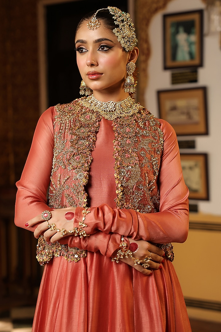 Rose Pink Silk Chanderi Flared Wedding Anarkali Set by Niti Bothra at Pernia's Pop Up Shop
