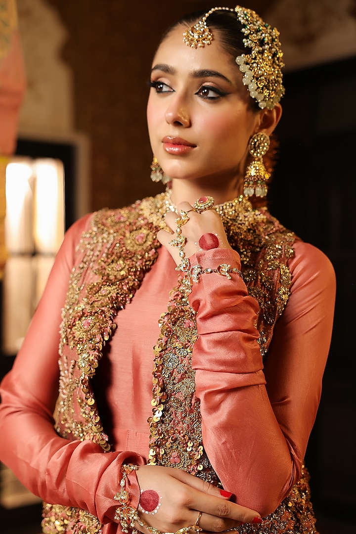 Rose Pink Silk Chanderi Flared Wedding Anarkali Set by Niti Bothra at Pernia's Pop Up Shop