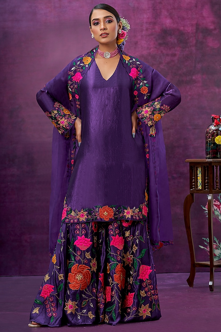 Purple Floral Embroidered Sharara Set by Niti Bothra