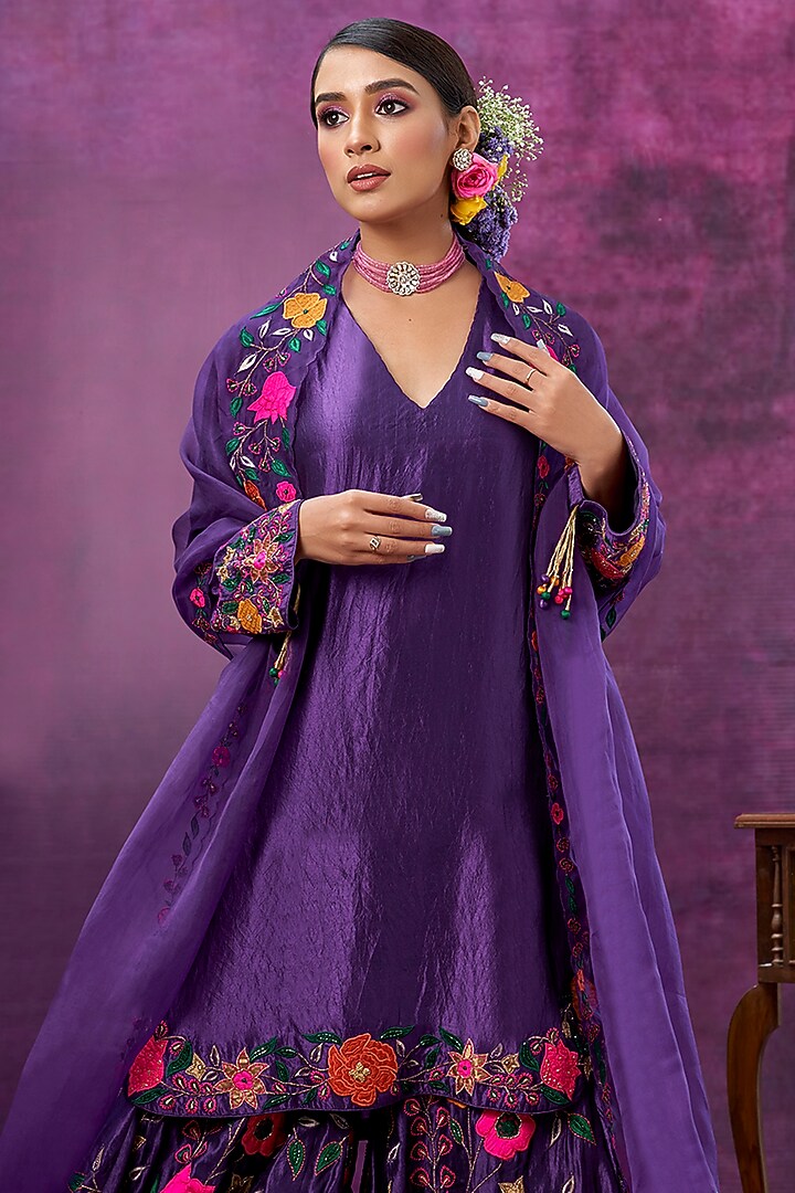 Purple Floral Embroidered Wedding Sharara Set by Niti Bothra at Pernia's Pop Up Shop