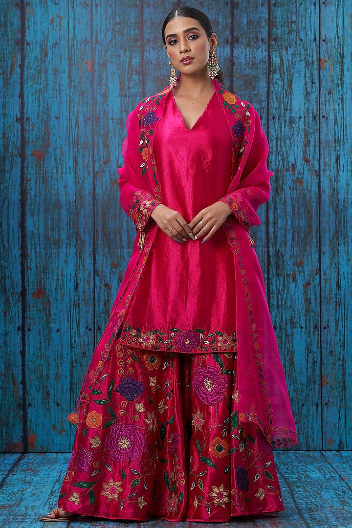 Pink Floral Embroidered Sharara Set by Niti Bothra