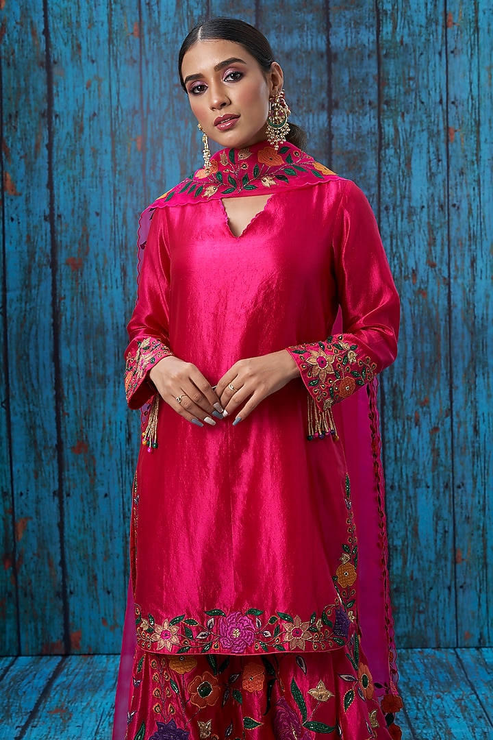 Pink Floral Embroidered Wedding Sharara Set by Niti Bothra at Pernia's Pop Up Shop