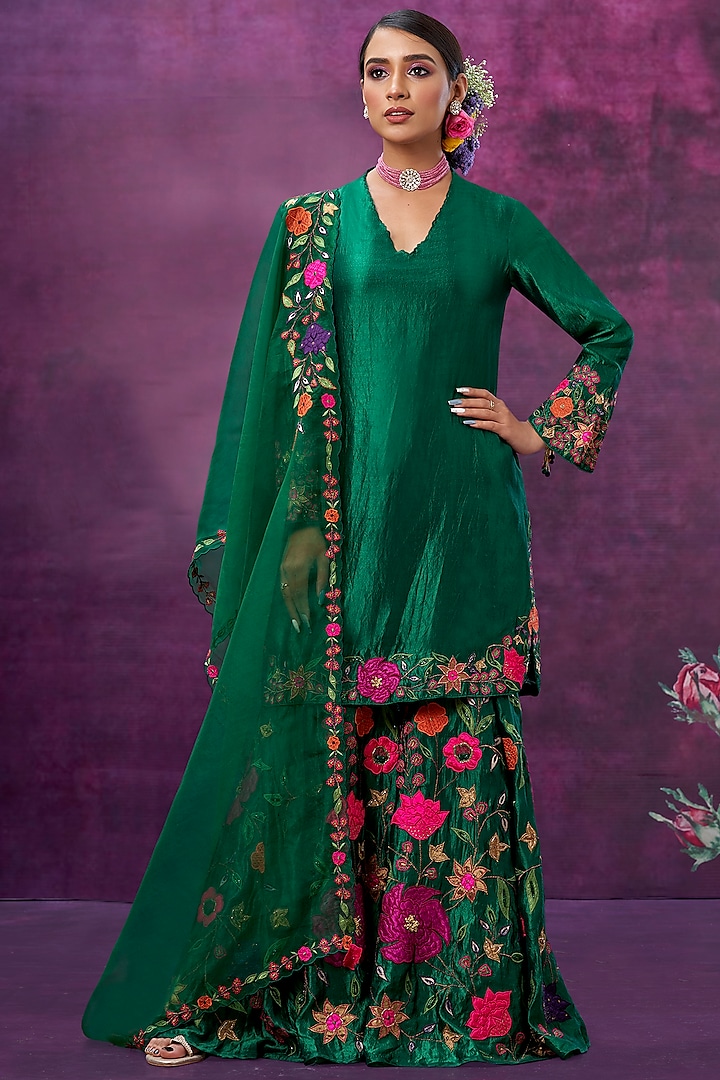 Green Floral Embroidered Sharara Set by Niti Bothra