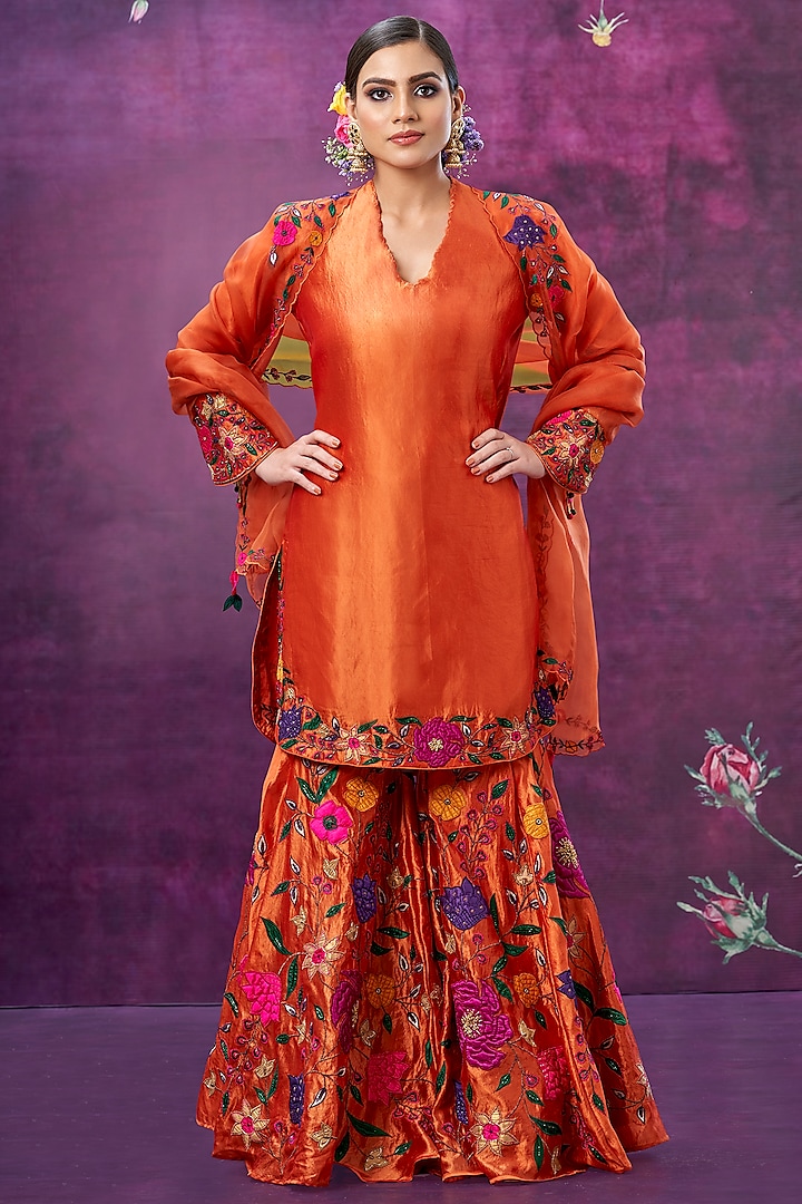 Orange Floral Embroidered Sharara Set by Niti Bothra