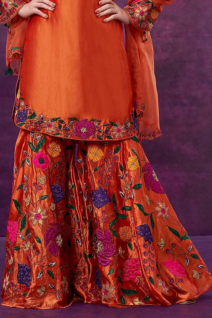 Orange Floral Embroidered Wedding Sharara Set by Niti Bothra at Pernia's Pop Up Shop