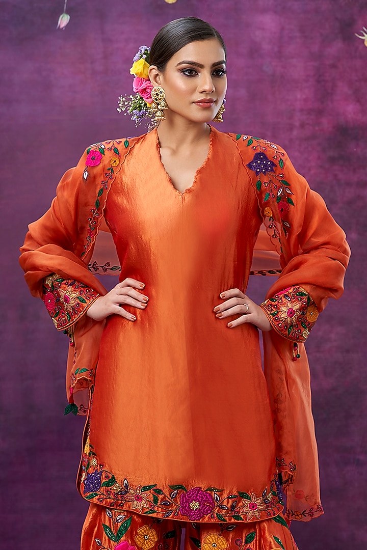 Orange Floral Embroidered Wedding Sharara Set by Niti Bothra at Pernia's Pop Up Shop
