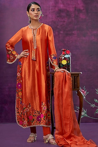 Orange Kora Silk Kurta Set by Niti Bothra