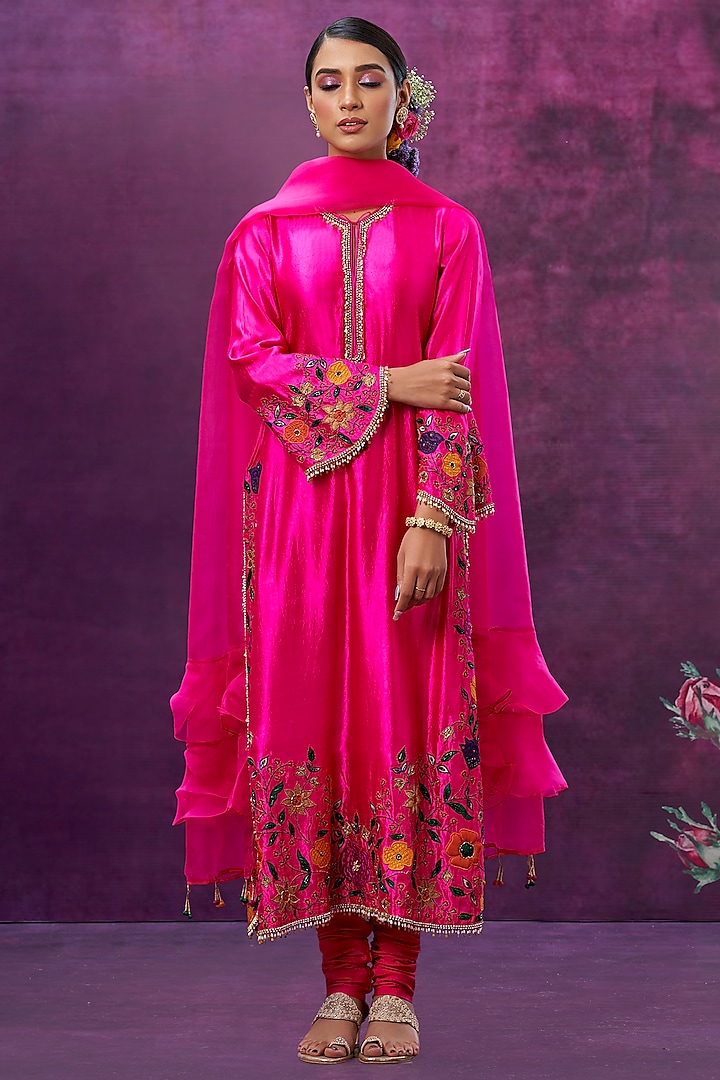 Pink Kora Silk Kurta Set by Niti Bothra