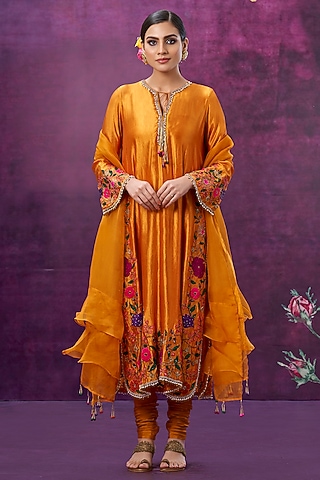 Mustard Kora Silk Kurta Set by Niti Bothra