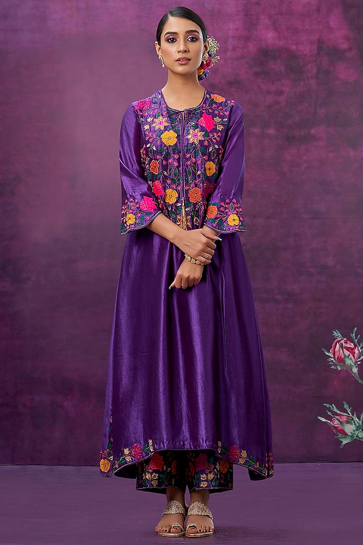 Purple Kora Silk Kurta Set by Niti Bothra