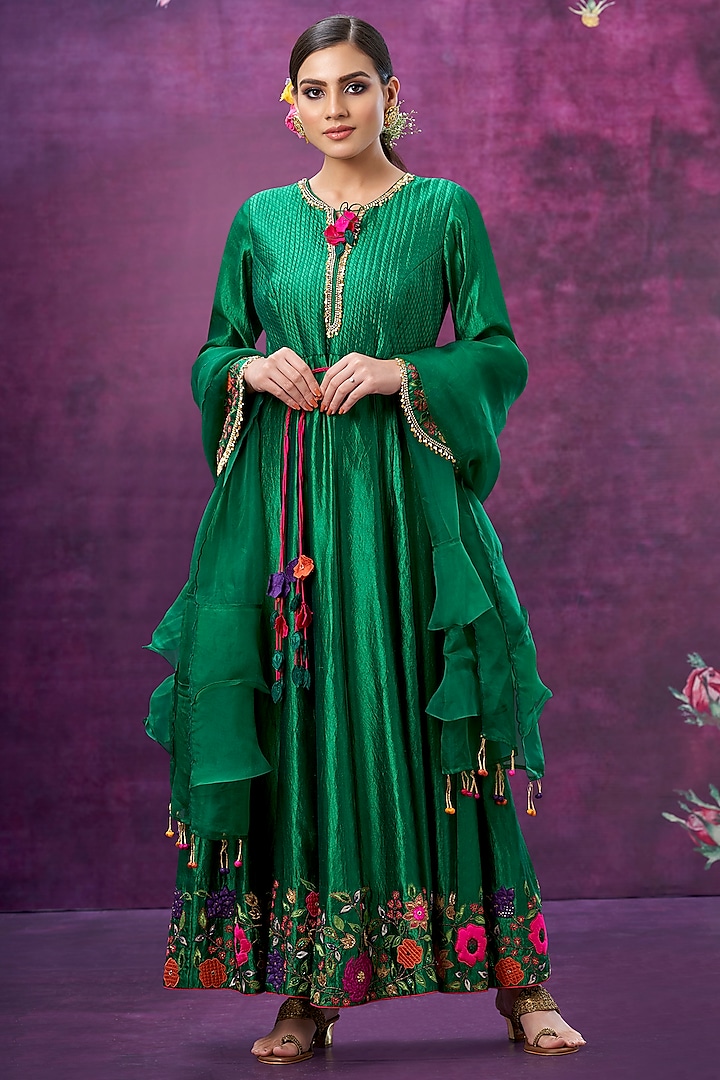 Green Kora Silk Embroidered Anarkali Set by Niti Bothra