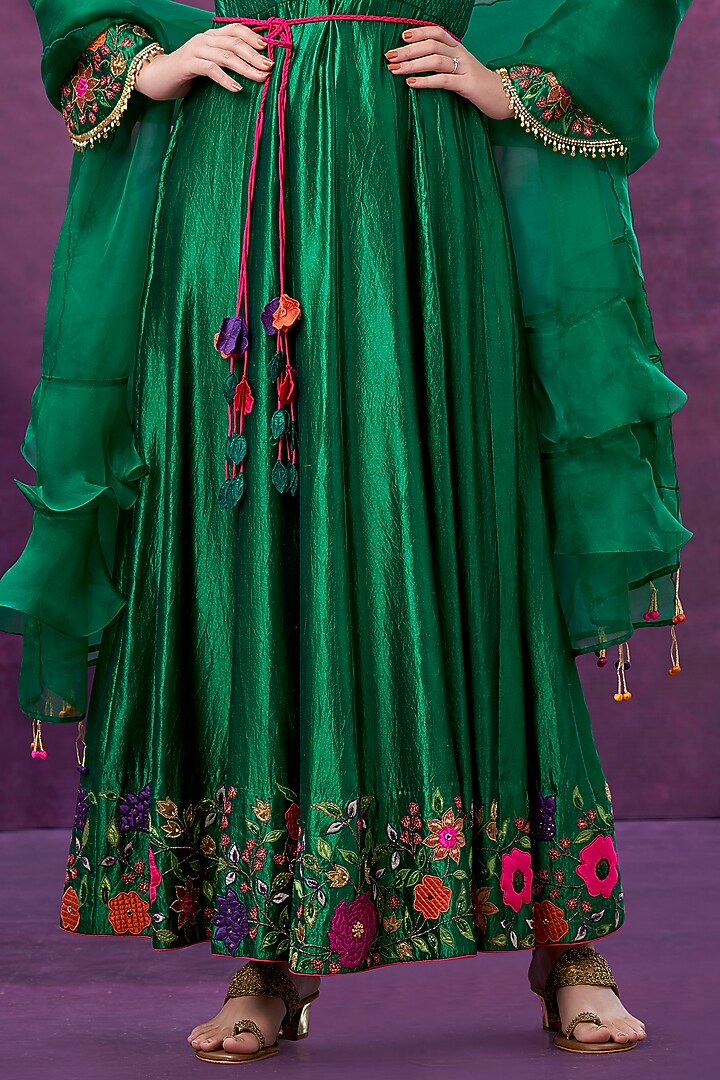 Green Kora Silk Embroidered Wedding Anarkali Set by Niti Bothra at Pernia's Pop Up Shop