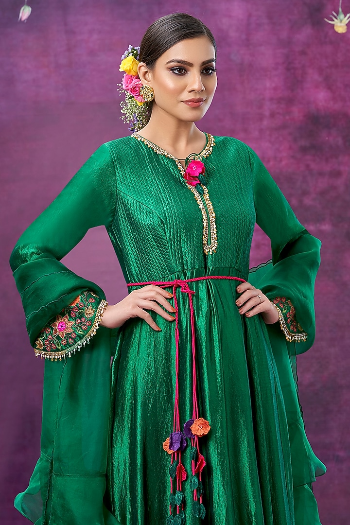 Green Kora Silk Embroidered Wedding Anarkali Set by Niti Bothra at Pernia's Pop Up Shop