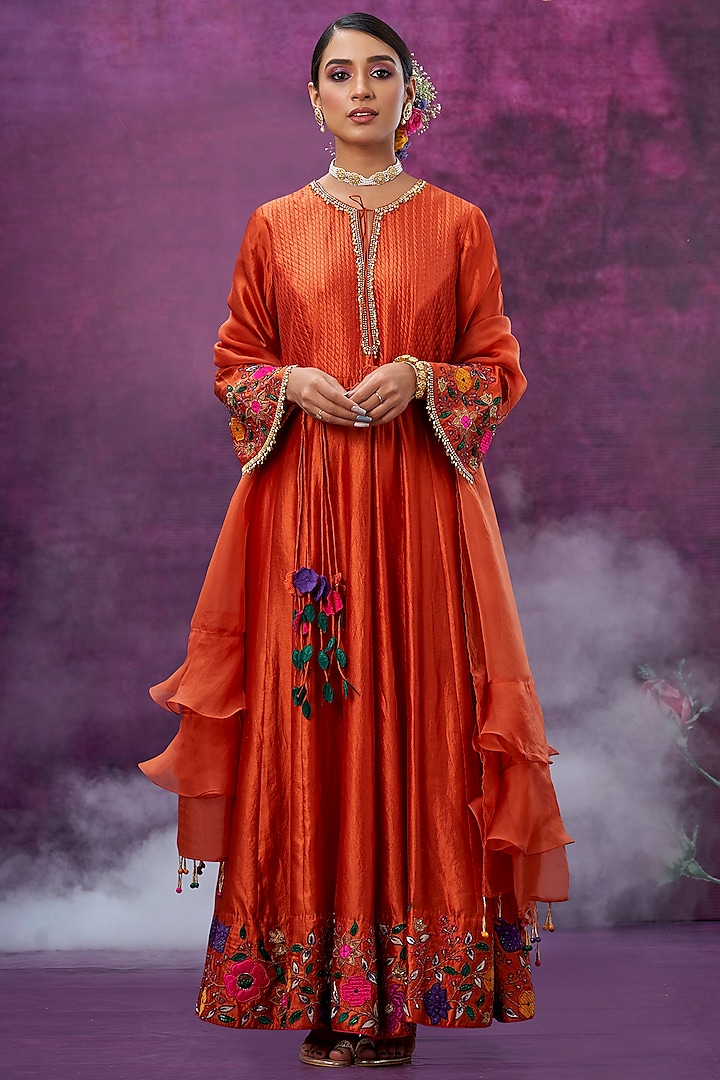 Orange Floral Embroidered Anarkali Set by Niti Bothra at Pernia's Pop Up Shop