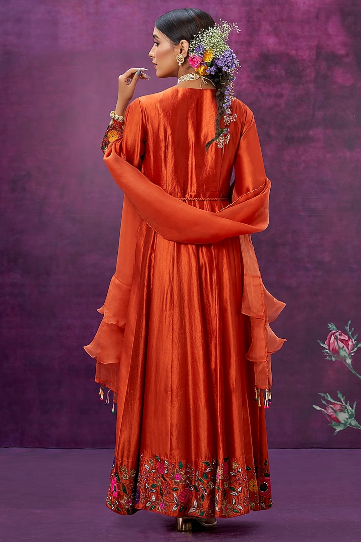 Orange Floral Embroidered Wedding Anarkali Set by Niti Bothra at Pernia's Pop Up Shop