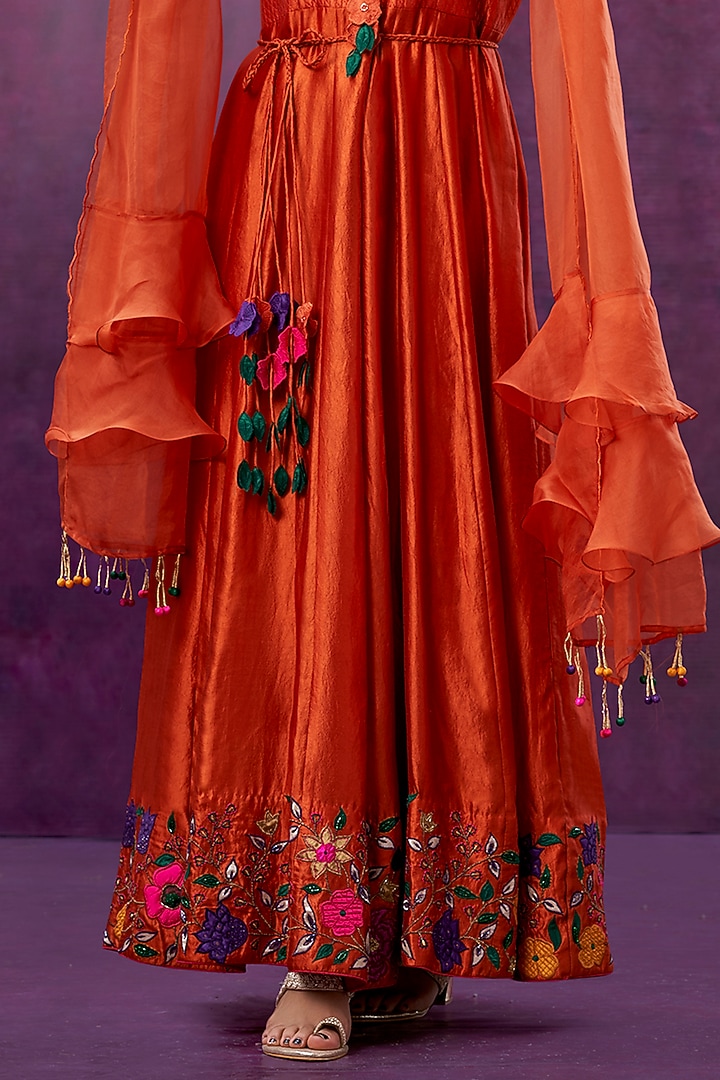 Orange Floral Embroidered Wedding Anarkali Set by Niti Bothra at Pernia's Pop Up Shop