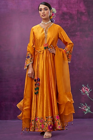 Mustard Floral Embroidered Anarkali Set by Niti Bothra