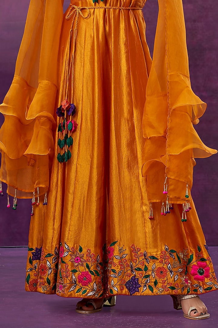 Mustard Floral Embroidered Wedding Anarkali Set by Niti Bothra at Pernia's Pop Up Shop