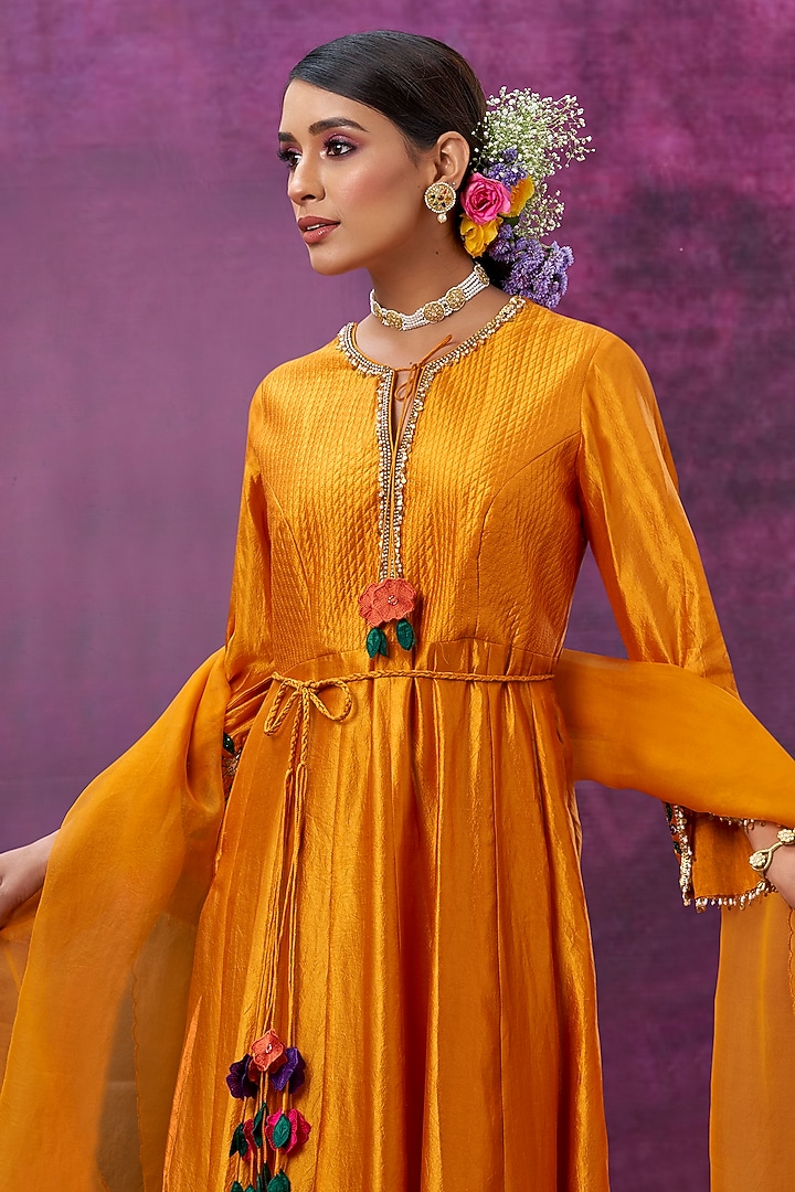 Mustard Floral Embroidered Wedding Anarkali Set by Niti Bothra at Pernia's Pop Up Shop
