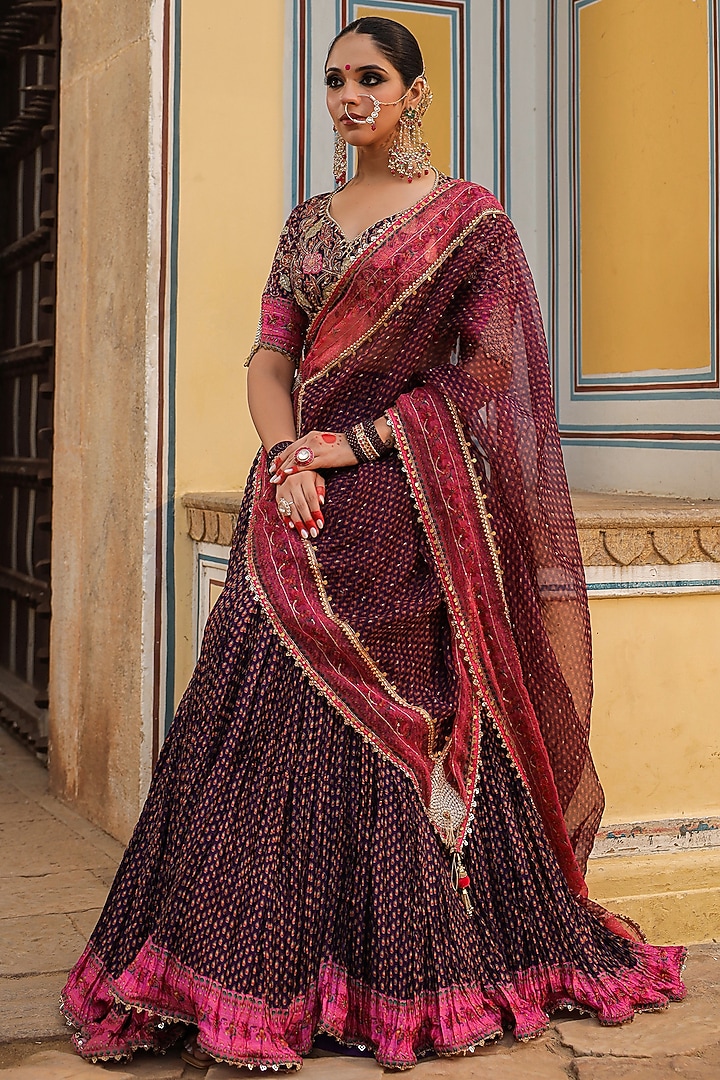 Purple Silk Printed Wedding Lehenga Set by Niti Bothra at Pernia's Pop Up Shop