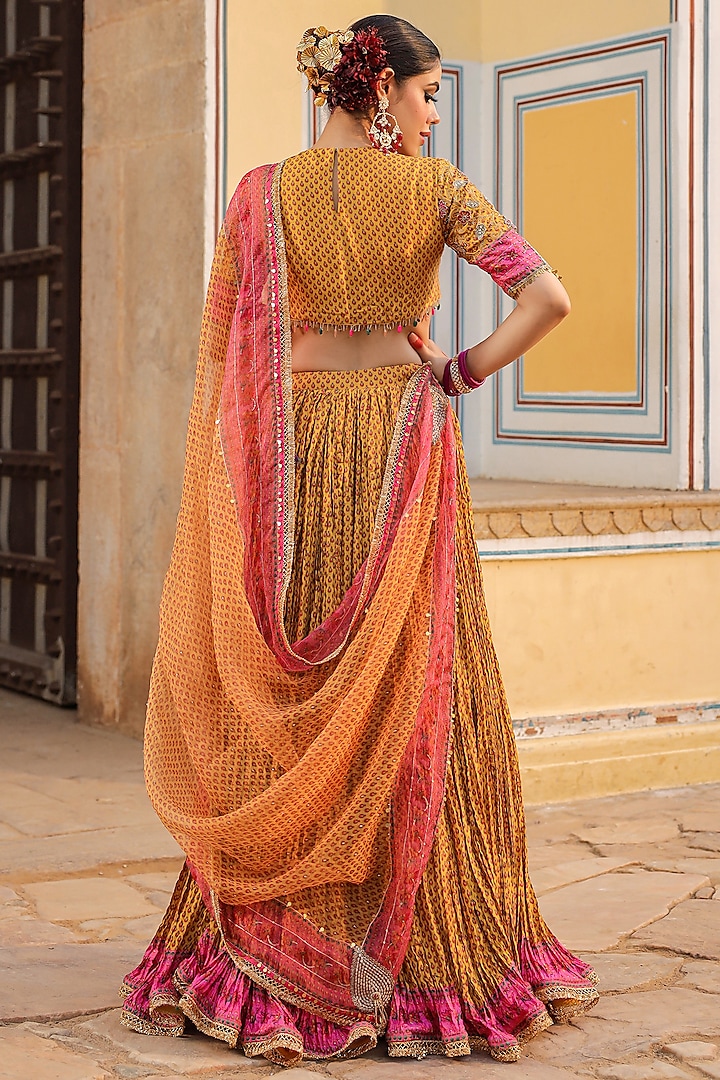 Mustard Silk Printed Wedding Lehenga Set by Niti Bothra at Pernia's Pop Up Shop