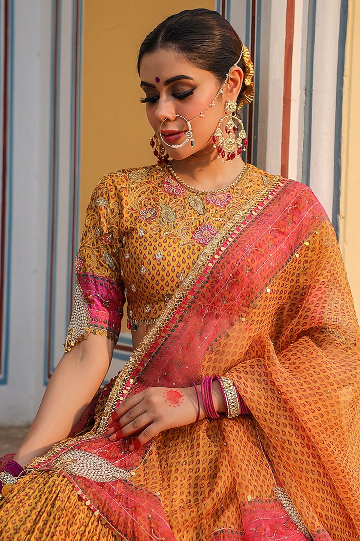 Mustard Silk Printed Wedding Lehenga Set by Niti Bothra at Pernia's Pop Up Shop