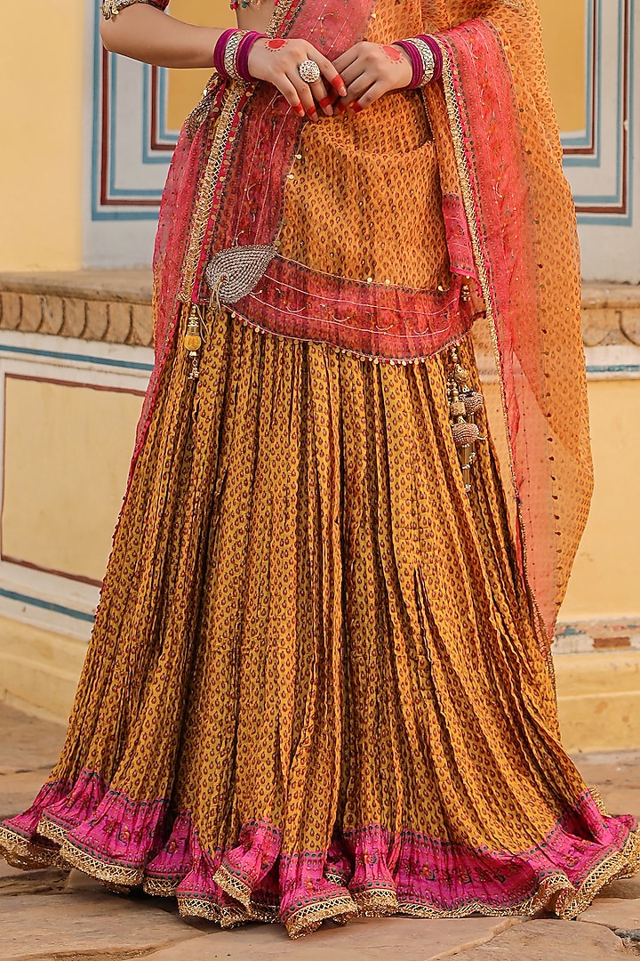 Mustard Silk Printed Wedding Lehenga Set by Niti Bothra at Pernia's Pop Up Shop