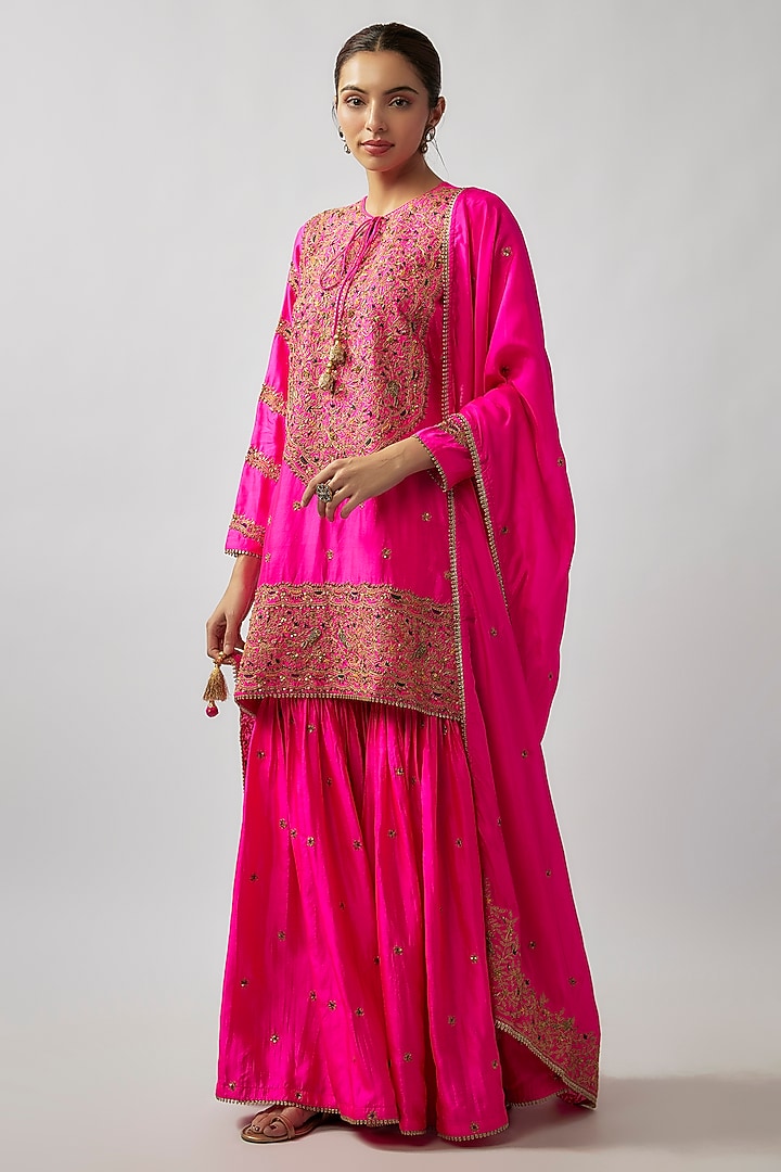 Pink Pure Banarasi Spun Silk Boota Embroidered Sharara Set by Niti Bothra at Pernia's Pop Up Shop