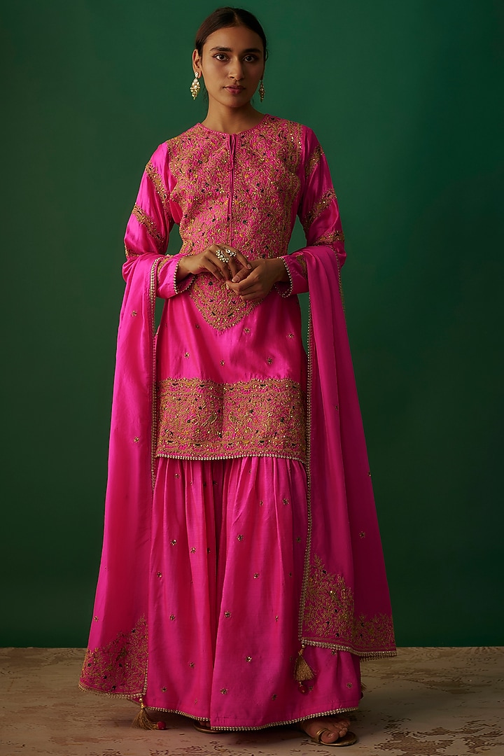 Hot Pink Pure Banarasi Spun Silk Boota Work Wedding Sharara Set by Niti Bothra at Pernia's Pop Up Shop