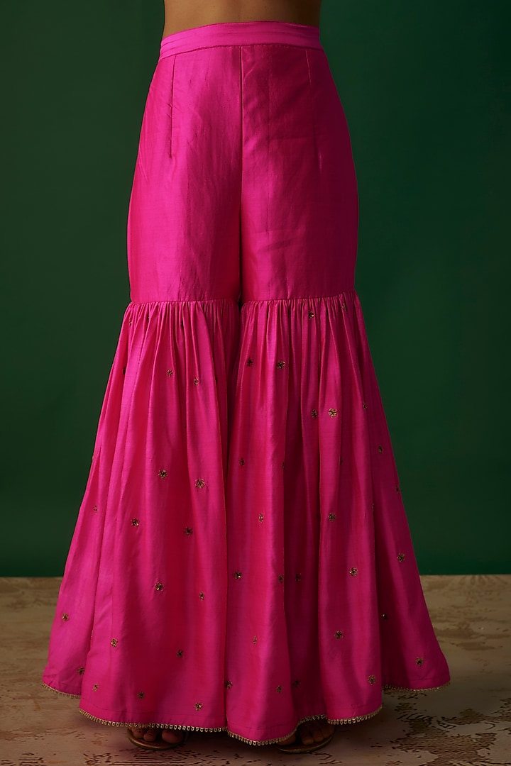 Hot Pink Pure Banarasi Spun Silk Boota Work Wedding Sharara Set by Niti Bothra at Pernia's Pop Up Shop