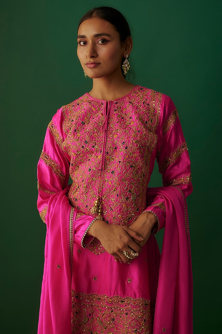 Hot Pink Pure Banarasi Spun Silk Boota Work Wedding Sharara Set by Niti Bothra at Pernia's Pop Up Shop