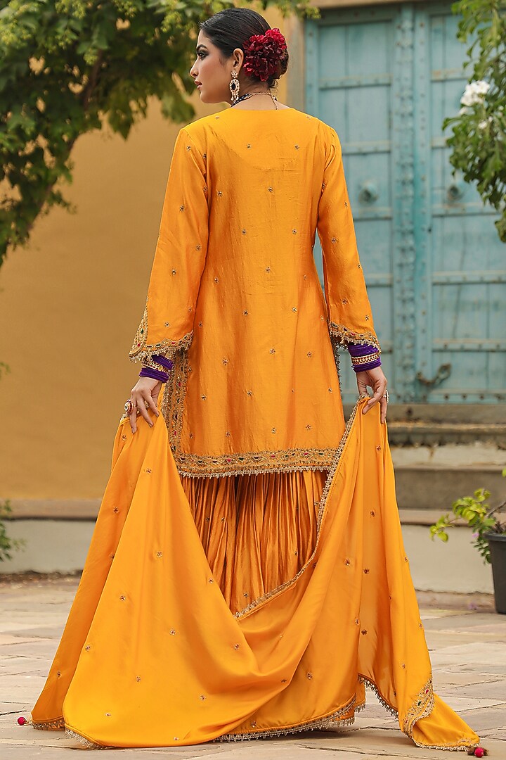 Mustard Pure Banarasi Spun Silk Boota Embroidered Wedding Sharara Set by Niti Bothra at Pernia's Pop Up Shop