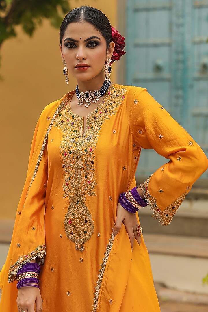 Mustard Pure Banarasi Spun Silk Boota Embroidered Wedding Sharara Set by Niti Bothra at Pernia's Pop Up Shop