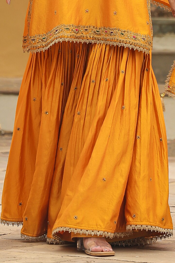 Mustard Pure Banarasi Spun Silk Boota Embroidered Wedding Sharara Set by Niti Bothra at Pernia's Pop Up Shop