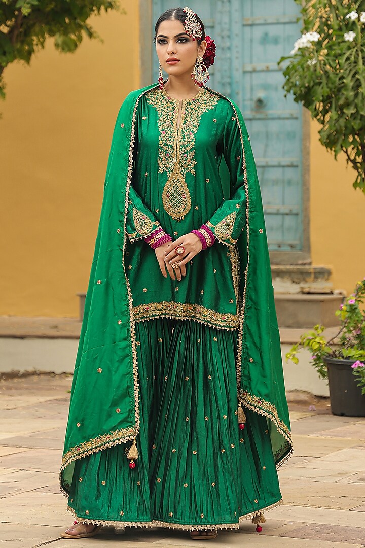 Green Pure Banarasi Spun Silk Boota Embroidered Sharara Set by Niti Bothra at Pernia's Pop Up Shop