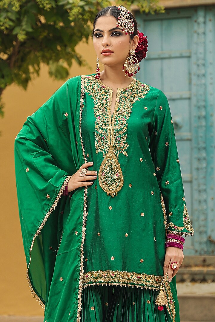 Green Pure Banarasi Spun Silk Boota Embroidered Wedding Sharara Set by Niti Bothra at Pernia's Pop Up Shop