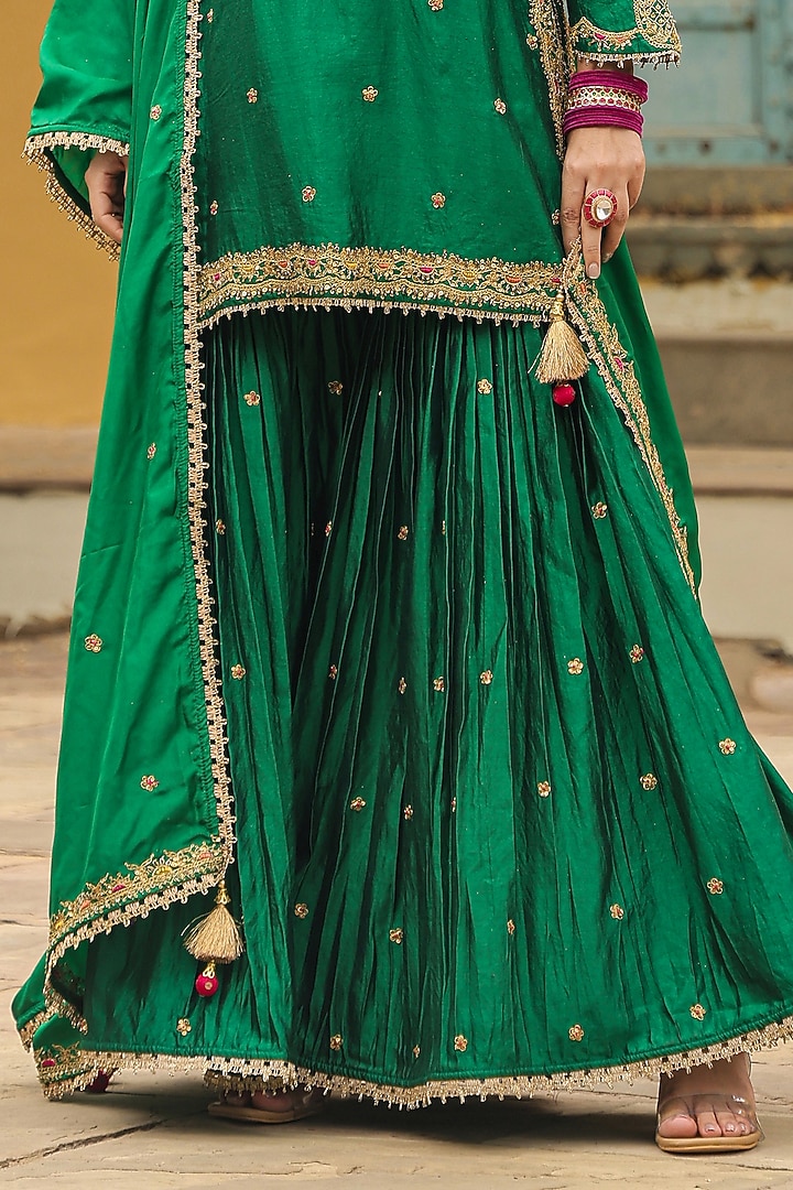 Green Pure Banarasi Spun Silk Boota Embroidered Wedding Sharara Set by Niti Bothra at Pernia's Pop Up Shop