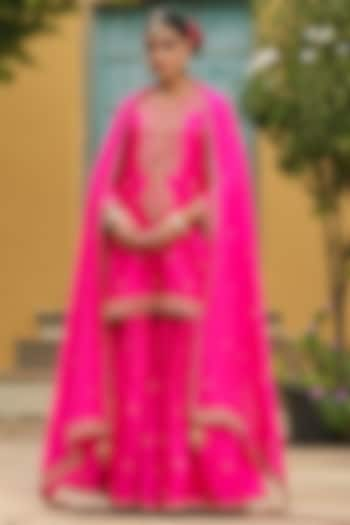 Hot Pink Pure Banarasi Spun Silk Boota Embroidered Sharara Set by Niti Bothra at Pernia's Pop Up Shop