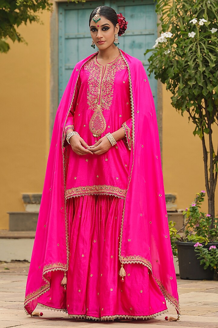 Hot Pink Pure Banarasi Spun Silk Boota Embroidered Sharara Set by Niti Bothra at Pernia's Pop Up Shop