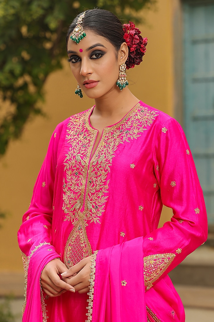 Hot Pink Pure Banarasi Spun Silk Boota Embroidered Wedding Sharara Set by Niti Bothra at Pernia's Pop Up Shop