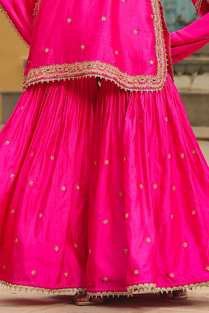 Hot Pink Pure Banarasi Spun Silk Boota Embroidered Wedding Sharara Set by Niti Bothra at Pernia's Pop Up Shop