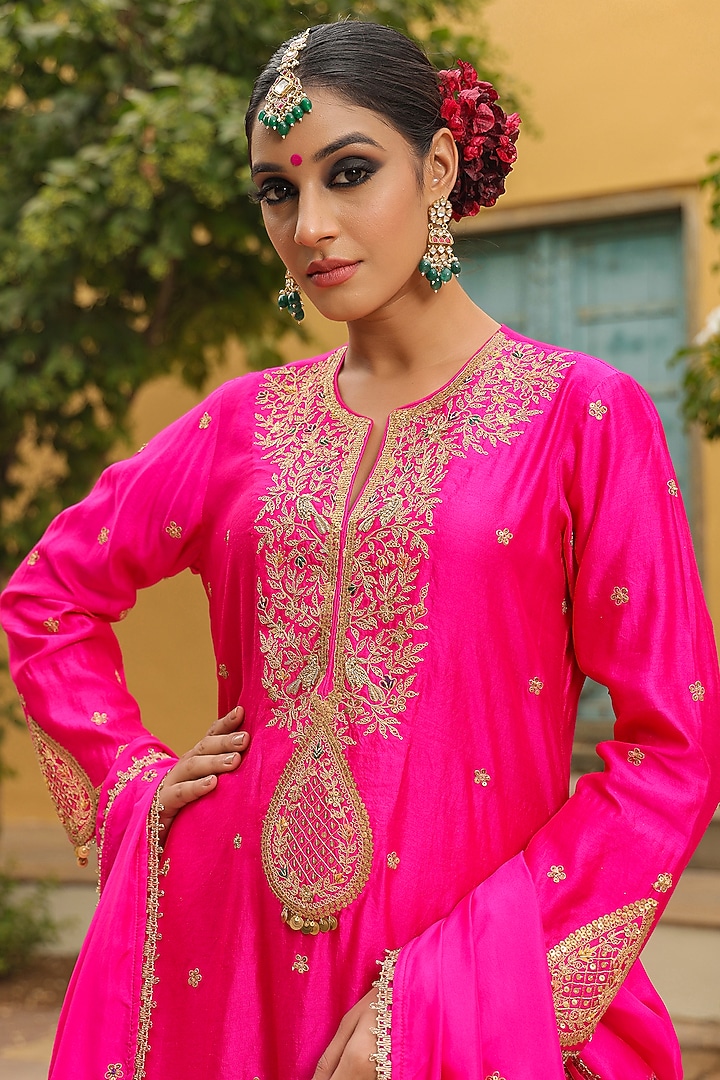 Hot Pink Pure Banarasi Spun Silk Boota Embroidered Wedding Sharara Set by Niti Bothra at Pernia's Pop Up Shop