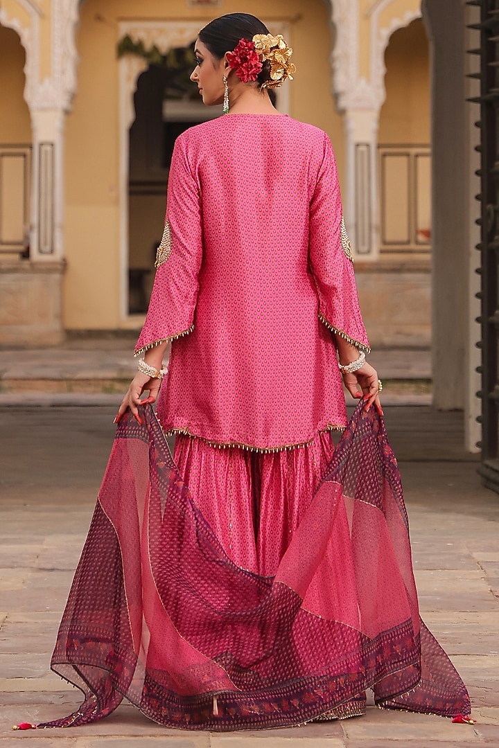 Pink Silk Tikki Embroidered & Printed Wedding Sharara Set by Niti Bothra at Pernia's Pop Up Shop