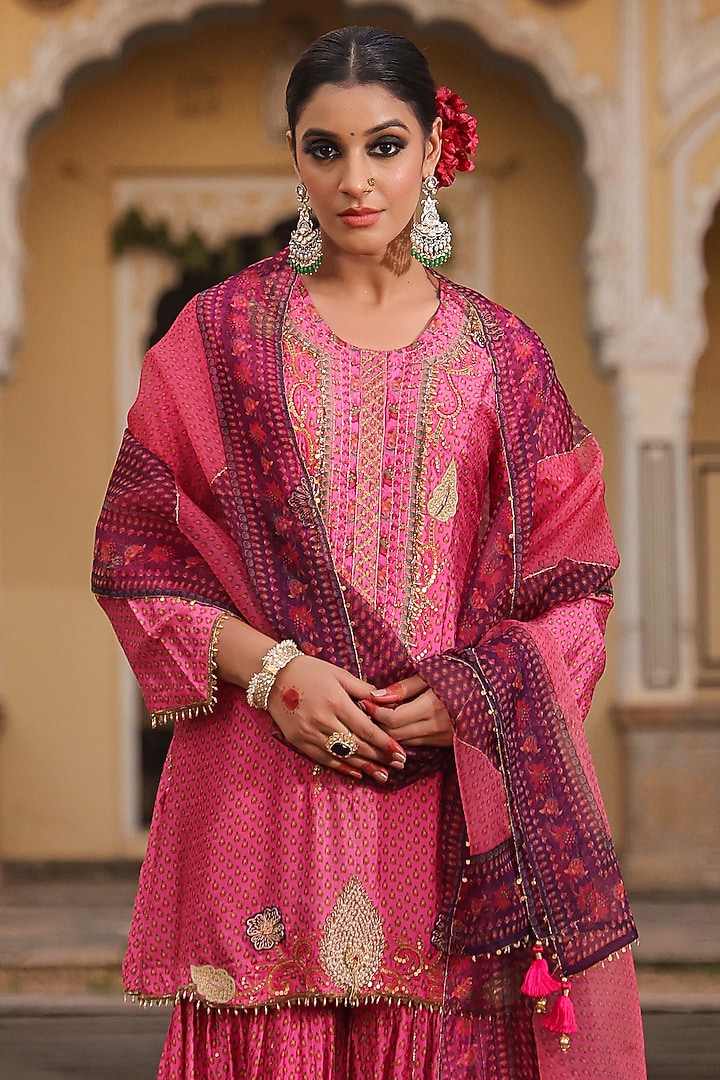 Pink Silk Tikki Embroidered & Printed Wedding Sharara Set by Niti Bothra at Pernia's Pop Up Shop