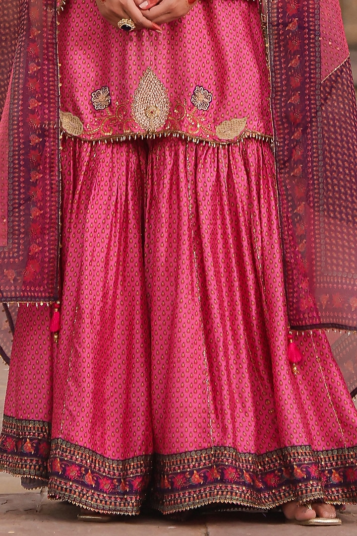 Pink Silk Tikki Embroidered & Printed Wedding Sharara Set by Niti Bothra at Pernia's Pop Up Shop