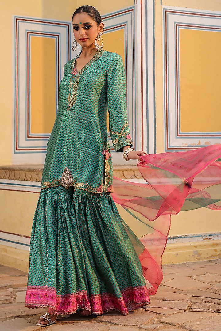 Turquoise Silk Tikki Embroidered & Printed Sharara Set by Niti Bothra