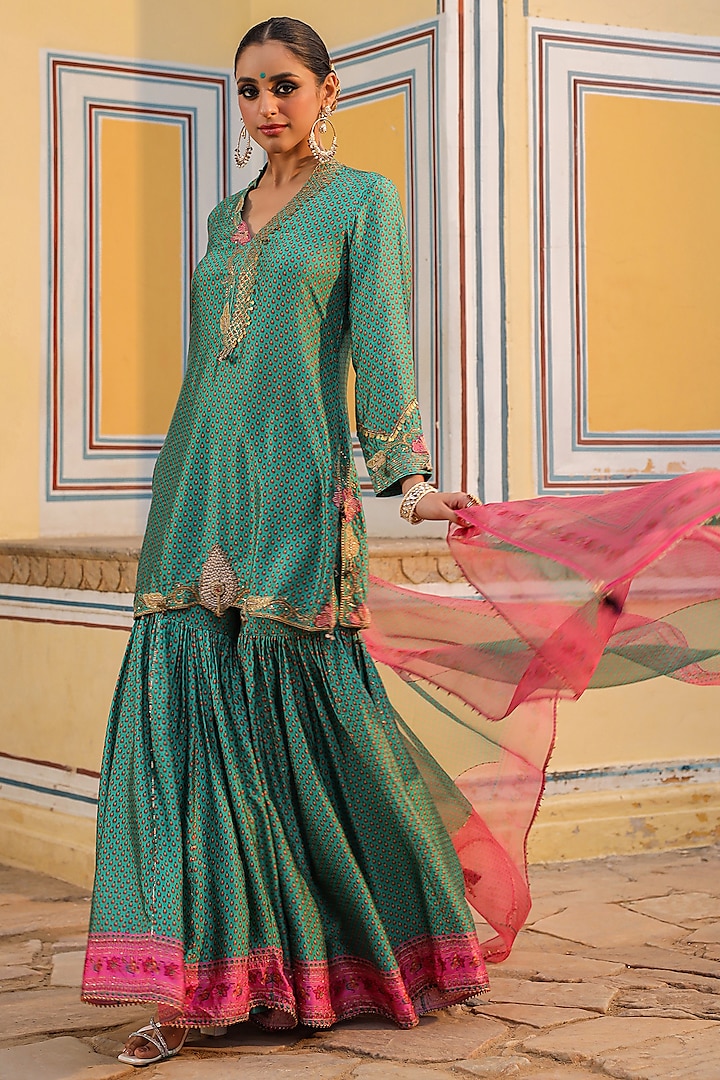 Turquoise Silk Tikki Embroidered & Printed Sharara Set by Niti Bothra at Pernia's Pop Up Shop